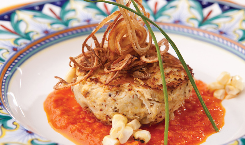 Crispy Crab Risotto with Tomato Coulis