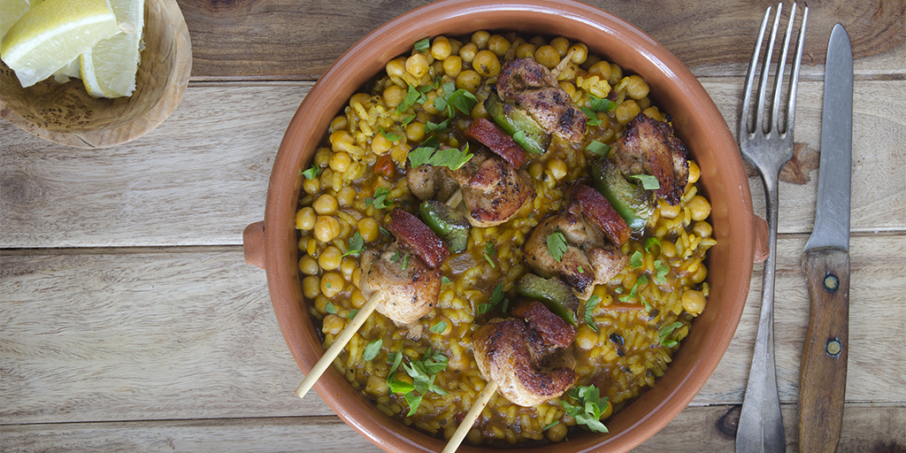 Chicken and chorizo over chickpeas